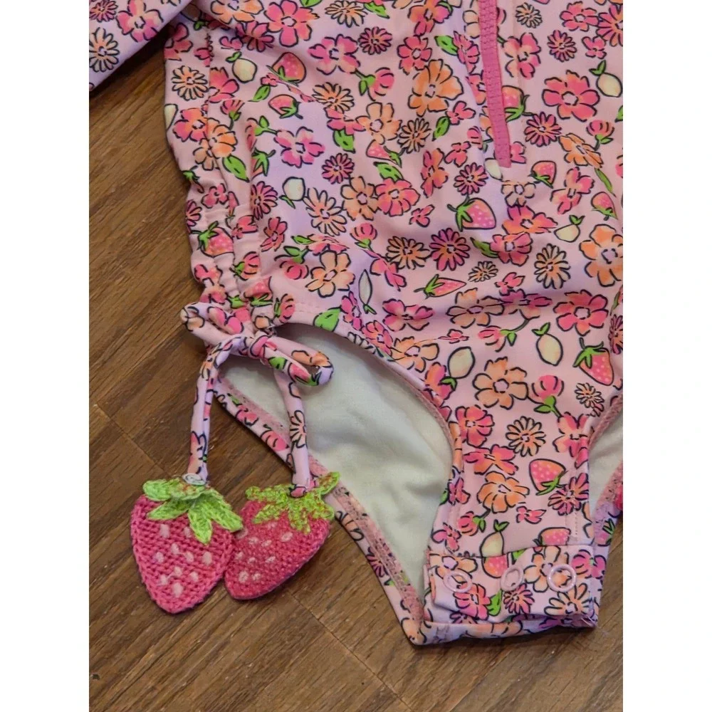 Nicole Miller New York Baby Girls Pink Floral Strawberry Rash Guard Swimsuit 12M